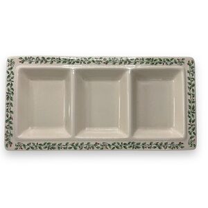 Ceramic Christmas Vintage Off White Holly Berry Trim Platter w/ 3 Compartments